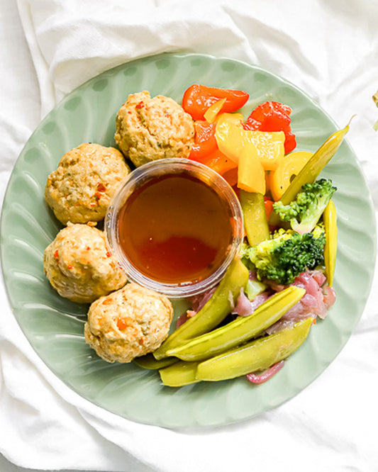 General Tsao Style Pork Balls Over Mixed Veggies (low carb)